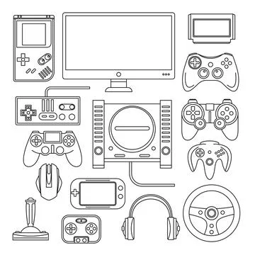 Computer, digital video online game console, game tools vector s Stock Illustration
