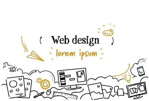 Computer digital web design development concept sketch doodle horizontal copy Illustrazione stock