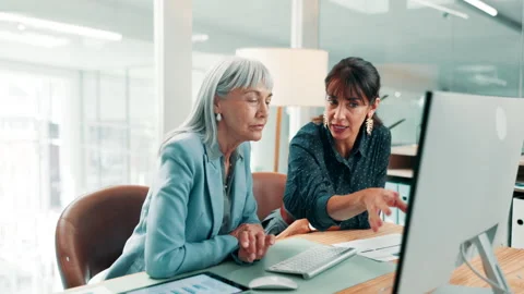 Computer, discussion or people with document in office, risk assessment or Stock Footage 330095696