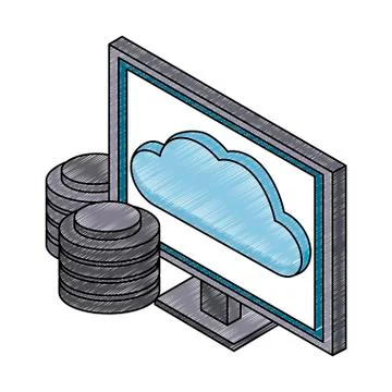 Computer with disks and cloud isometric scribble 스톡 일러스트