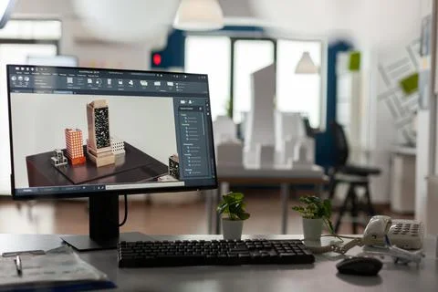 Computer display with 3d render software of architectural building complex Stock Photos