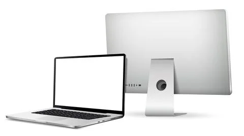 Computer display and laptop with blank screen on white background Stock Illustration