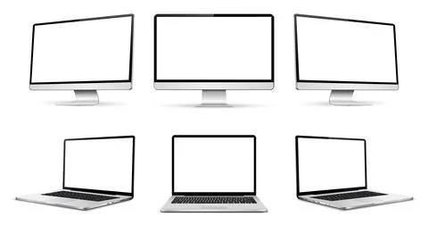 Computer display and laptop on three sides with blank screen Stock Illustration