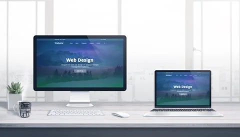 Computer display and laptop on web development studio work desk. Concept of m Stockfoto's