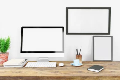 Computer display blank screen and office tools on desk in modern creative Stock Illustration