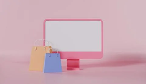 Computer display with blank screen and paper shopping bag online shop Stock Photos
