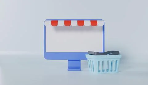 Computer display with blank screen and shopping basket online shop concept Stock Photos