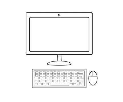 Computer display with blank white screen, keyboard, mouse. Front view. Outline Stock Illustration