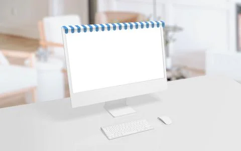 Computer display with blue white shop awning on top concept. Stock-Fotos