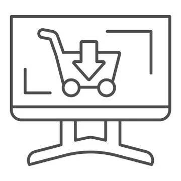 Computer display with cart thin line icon. Monitor with shopping trolley vector イラスト素材