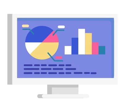 Computer display with colorful pie chart and bar graph. Data analysis and Illustrazione stock