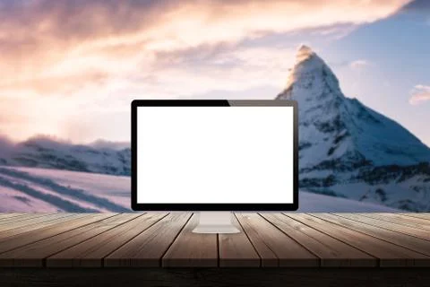 Computer display on desk with mountain in the background mock up presentation Stock Photos