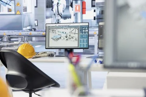 Computer display in empty facility used for upgrading solar plant machinery Stock Photos