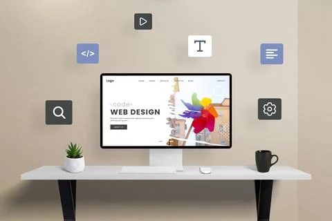 Computer display featuring web page modules flying around a web design Stockfoto's