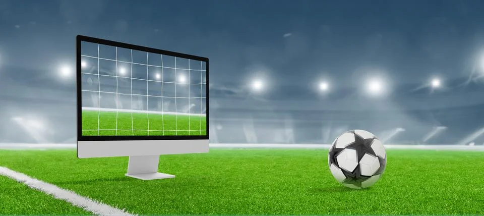 Computer display goal net  concept. Football stadium in background. Soccer ba Stock Photos