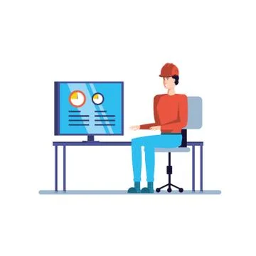 Computer display of industrial plant with operator character Stock Illustration