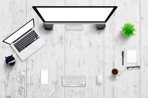 Computer display, laptop and mobile phone with isolated displays. Scene for r Stock Photos