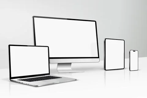 Computer display, laptop, digital tablet, smartphone blank screen on a desk Illustrazione stock