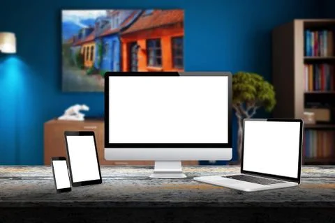 Computer display, laptop, tablet and smart phone responsive display devices  Stock Photos