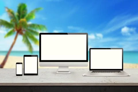 Computer display, laptop, tablet and smart phone responsive display devices  Stock Photos