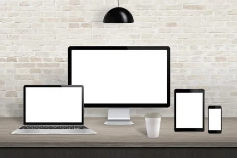 Computer display, laptop, tablet and mobile phone with isolated screen on off Stock Photos
