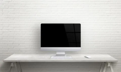 Computer display mockup. Front view of office desk. Stock Photos