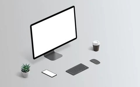 Computer display mockup on gray surface isometric position. Smart phone mocku Stock Photos