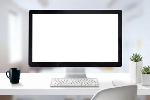 Computer display mockup. Office work desk with cup off coffee, keyboard, mous Stock Photos