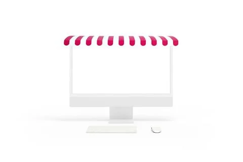 Computer display mockup with red white show awning concept. Isolated screen f Stock Photos