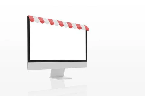 Computer display mockup with red white shop awning concept Stock-Fotos