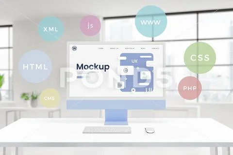 Computer display mockup with web design technologies balloons PSD Template