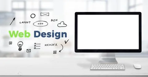 Computer display mockup on work desk. Web design text surrounded with drawn e 库存照片