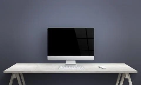 Computer display on office desk. Blank screen for mockup. Clean scene for des Stock Photos