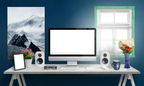 Computer display on office desk. Isolated, white screen for mockup. Stock Photos