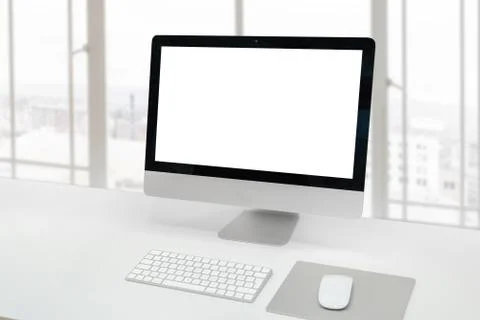 Computer display on office desk with isolated screen for mockup, design or pr Stock Photos