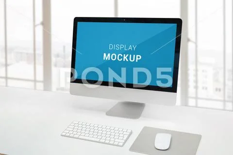 Computer display on office desk with isolated screen for mockup PSD Template