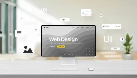 Computer display on office desk surrounded by floating UI elements Stock Photos