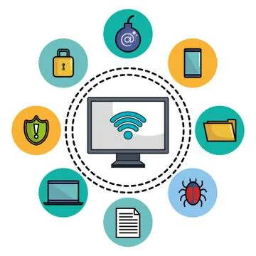 Computer display with online security icons Illustrazione stock