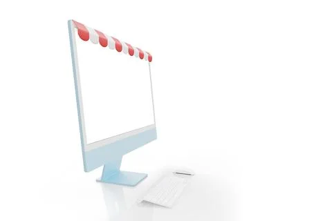 Computer display with red white shop awning concept. Isolated screen for mock Stock-Fotos