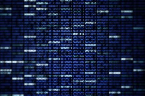 Computer display screen with blue binary code moving in the background. blur Stock Photos
