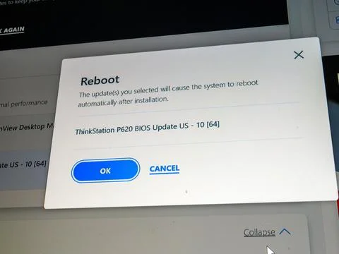 Computer display screen with Reboot message after installation of the Stock Photos