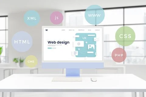 Computer display showcases a conceptual web design studio page Stock Photos