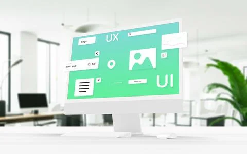 Computer display showcasing user interface modules, icons, and elements Stock Illustration