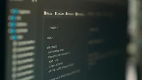 Computer display of software developer typing database functions script on Stock Photos