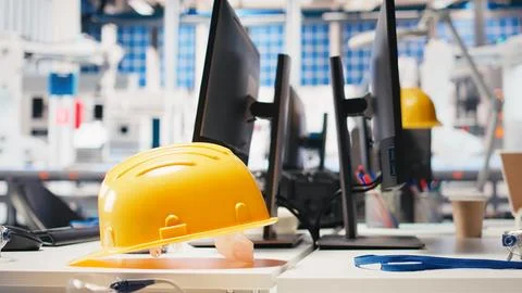 Computer display in solar panels manufacturing plant used to study solar energy Stock Photos