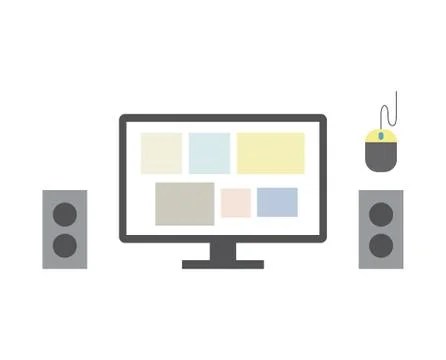 Computer display with sound boosters and mouse flat vector illustration isolated Stock Illustration