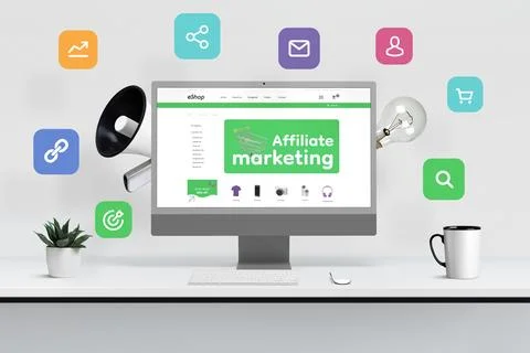 Computer display surrounded by megaphone, bulb and affiliate marketing icons  Stock Illustration