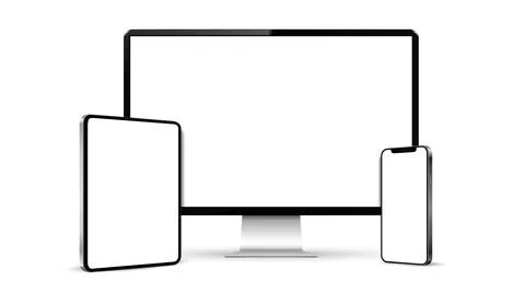 Computer display, tablet pc and mobile phone mockup isolated 库存插图