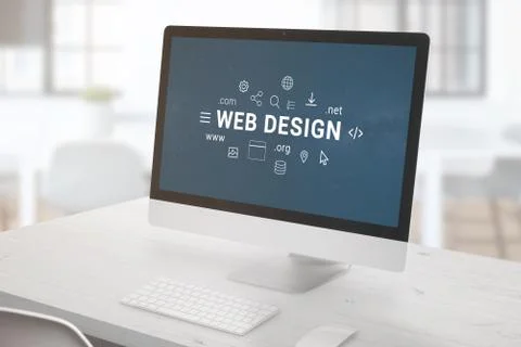 Computer display with web design text and web page, app graphic elements. Web Stockfoto's