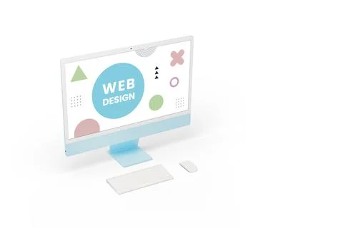 Computer display on a white background, featuring Web Design text Stock Photos